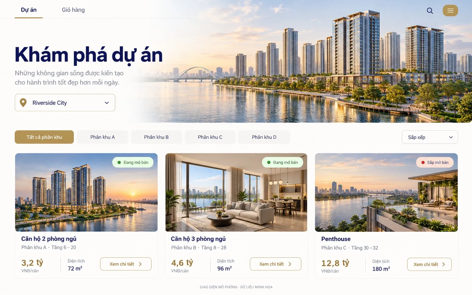 Giao diện O2O: thông tin dự án và giỏ hàng